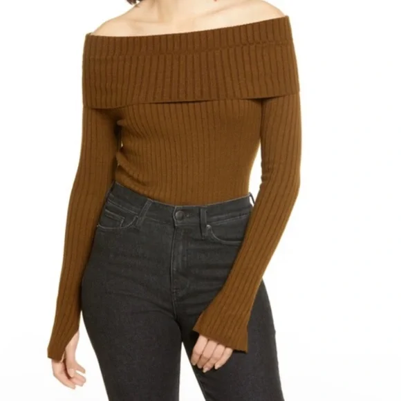 Lulu's Off-the-Shoulder Ribbed Sweater in Brown - Picture 1 of 7